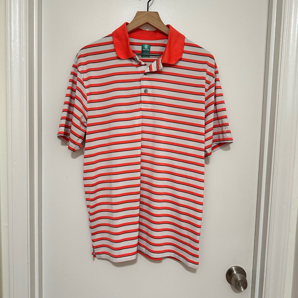 PRO TOUR | Men's Short Sleeve‎ Orange Stripe Airplay Golf Polo Shirt, Size L